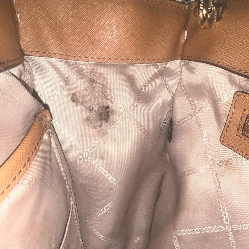 Michael Kors Cream and Tan MK Monogram Satchel